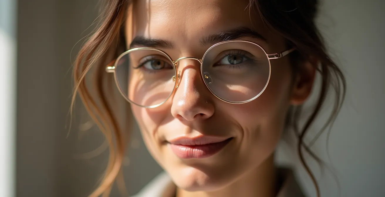 Démonstration de l'équilibre entre des lunettes oversize rondes et un visage de forme carrée.